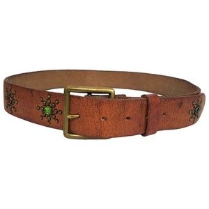 Hollister Genuine Leather Stud Rhinestone Jeweled Y2K Belt Sz L/36 Brown Brass
